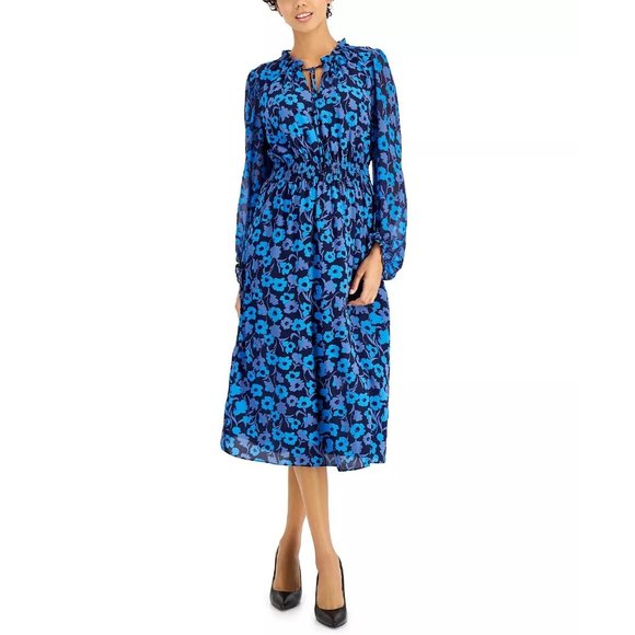 ANNE KLEIN Printed Chiffon Smocked Midi Dress - Medium - Picture 2 of 4